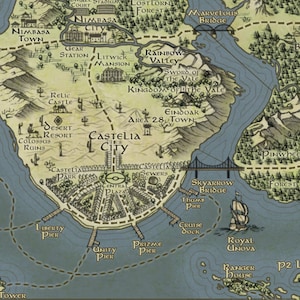 May include: A detailed map of a fictional world with a large city called Castelia City at the center. The map is drawn in a vintage style with brown and blue colors. The map includes various landmarks, towns, and cities, including a desert resort, a rainbow valley, and a wellspring cave.