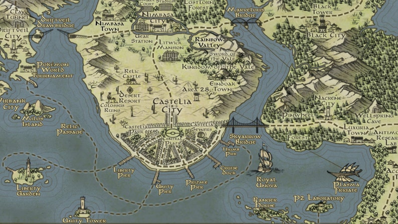 May include: A detailed map of a fictional world with a large city called Castelia City at the center. The map is drawn in a vintage style with brown and blue colors. The map includes various landmarks, towns, and cities, including a desert resort, a rainbow valley, and a wellspring cave.