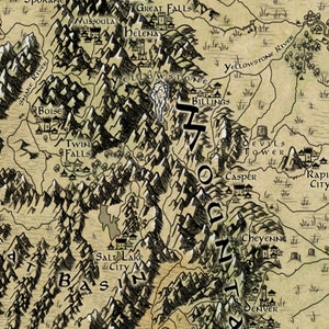 May include: A vintage-style map of the western United States, featuring major cities and geographical features. The map is drawn in black ink on a beige background. The text on the map includes the names of cities such as Portland, Salem, Boise, Twin Falls, Billings, Casper, Cheyenne, Denver, Fargo, Rapid City, Pierre, Sioux Falls, and Lincoln. The map also includes the names of rivers such as the Snake River, Yellowstone River, and Platte River.