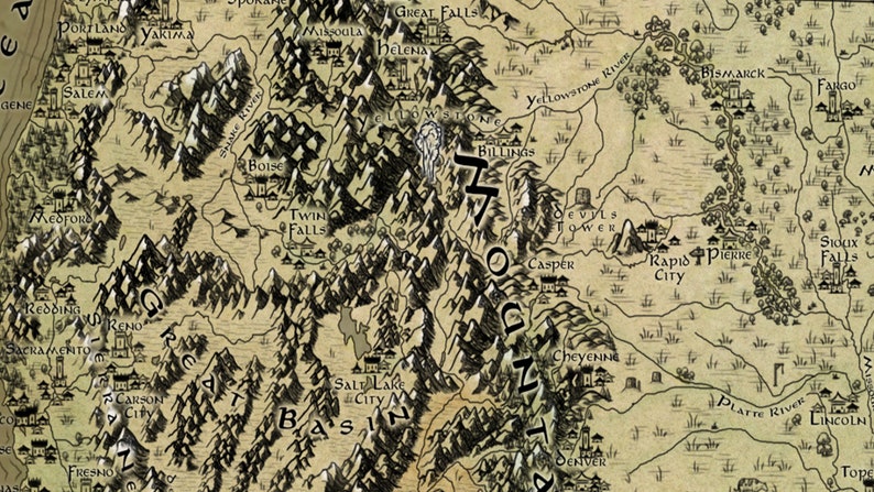 May include: A vintage-style map of the western United States, featuring major cities and geographical features. The map is drawn in black ink on a beige background. The text on the map includes the names of cities such as Portland, Salem, Boise, Twin Falls, Billings, Casper, Cheyenne, Denver, Fargo, Rapid City, Pierre, Sioux Falls, and Lincoln. The map also includes the names of rivers such as the Snake River, Yellowstone River, and Platte River.