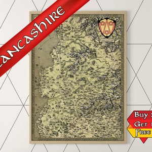 Carte du Lancashire, impression d'affiche fantastique, affiche du Lancashire, cadeau geek pour lui, cadeau ringard pour elle, cadeau joueur, dessiné à la main, remplissage de bas