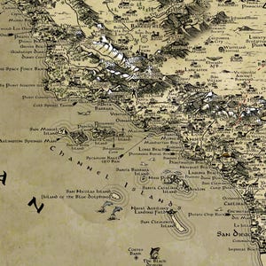 May include: A detailed, vintage-style illustrated map of Southern California and the Channel Islands on a parchment-colored background. The map features black ink topography, city names, coastal landmarks, and small illustrations of marine life.