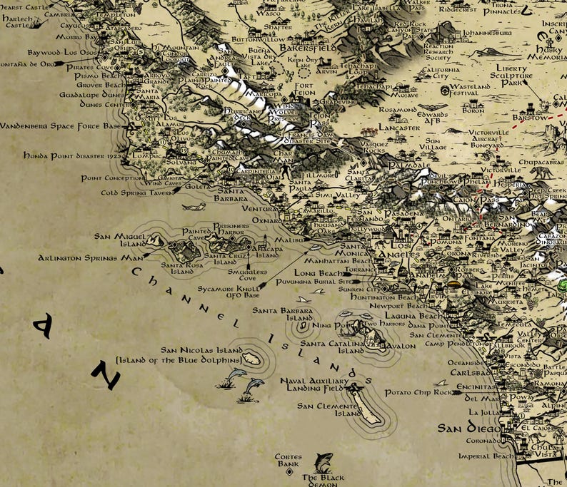 May include: A detailed, vintage-style illustrated map of Southern California and the Channel Islands on a parchment-colored background. The map features black ink topography, city names, coastal landmarks, and small illustrations of marine life.