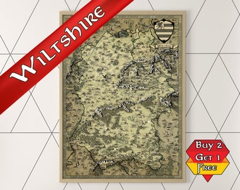Wiltshire Print Fantasy Map, A3 A2 A1 Swindon-poster, Geeky-cadeau voor hem, Geeky-cadeau voor haar, cadeaus voor kinderen, Stocking Filler, UK County-kaart