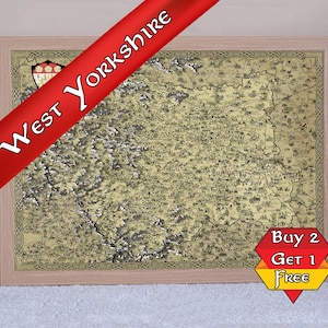 Impression de carte du West Yorkshire, dessin de carte fantastique de Leeds, affiche de Bradford, carte médiévale illustrée dessinée à la main de Wakefield, art ancien vintage,