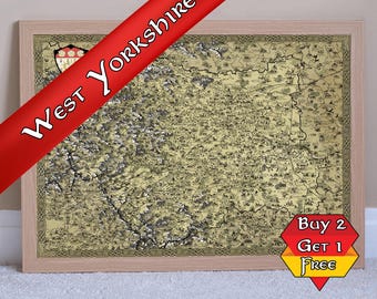West Yorkshire Fantasy Map Print, A3 A2 A1 Leeds Map Drawing, Bradford Poster, Wakefield Hand Drawn, Illustrated Medieval Map, Vintage Art
