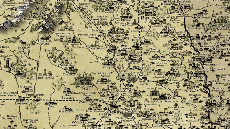 Derbyshire Print, Derby Fantasy Map, Derbyshire Dales Map, Peak District Gift, Derbyshire Hill, Fantasy Cartography, Peak District Poster image 7