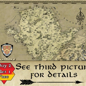 May include: A vintage-style map of a fictional land with a crest in the bottom left corner. The map is printed on parchment paper and has a brown border. The text on the map reads "Yny's Mon", "Ban Caсклув", "G MOR 1 WERD DON", and "Buy 2 Get 1 Free".