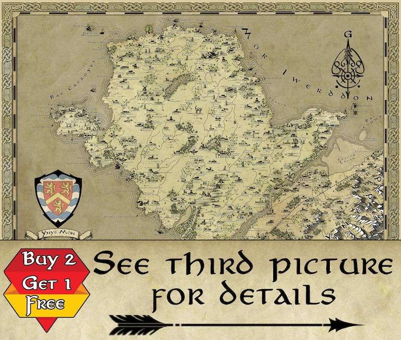 May include: A vintage-style map of a fictional land with a crest in the bottom left corner. The map is printed on parchment paper and has a brown border. The text on the map reads "Yny's Mon", "Ban Caсклув", "G MOR 1 WERD DON", and "Buy 2 Get 1 Free".