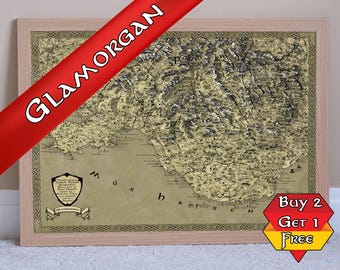 Glamorgan Fantasy Print, A3 A2 A1 Cardiff Welsh Cymru, Wales Cymraeg, Swansea Poster, Rhondda Cynon Taff, Port Talbot Vintage, RPG Mapping