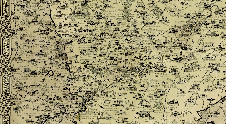 Nottinghamshire Print, Nottingham Fantasy Map, Notts Gift, Sherwood Forest, Fantasy Cartography, Newark on Trent Poster, Robin Hood Art image 7