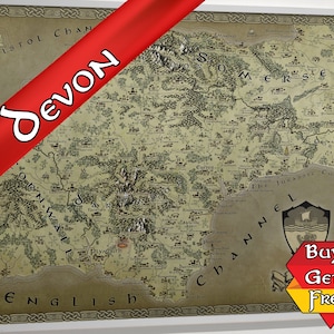 Impression de carte fantastique Devon, cadeaux Devon, carte du Devon, cadeau geek pour lui, cadeau geek pour elle, cadeau pour papa, cadeau pour maman, cadeau lecteur, dessiné à la main