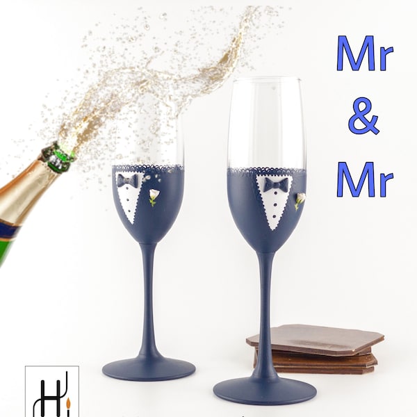 Gay wedding champagne glasses | Two grooms wedding flutes | Mr & Mr wedding decorations | Gay wedding toasting flutes