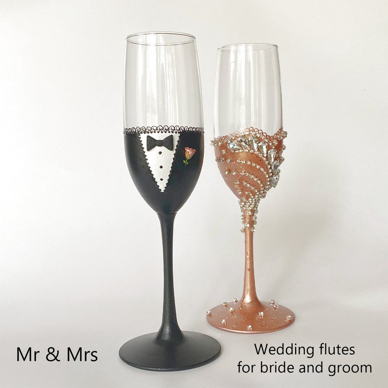 Rose Gold and Black Wedding Flutes Bride and Groom Glasses Etsy