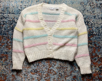 Vintage 90s Cute Rainbow stripe Fuzzy Crop Cardigan Sweater