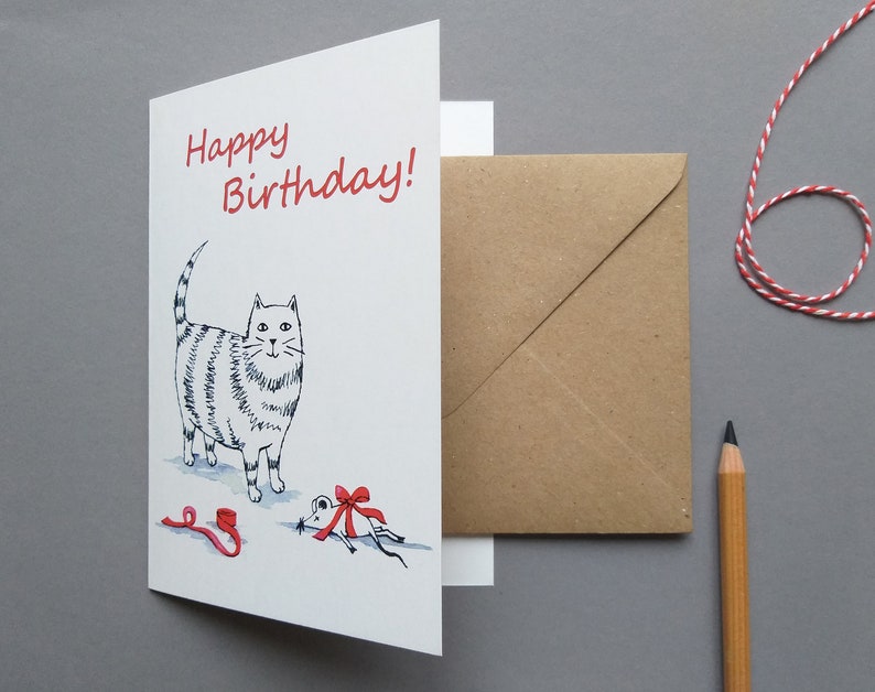Geburtstagskarte Katze mit Geschenk, Klappkarte mit Kuvert Bild 2