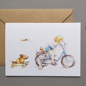 Tarjeta de felicitación tarjeta ciclista con chica en bicicleta con sobre