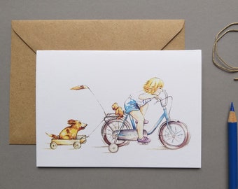 Tarjeta de felicitación Tarjeta de ciclismo con niña en bicicleta con sobre