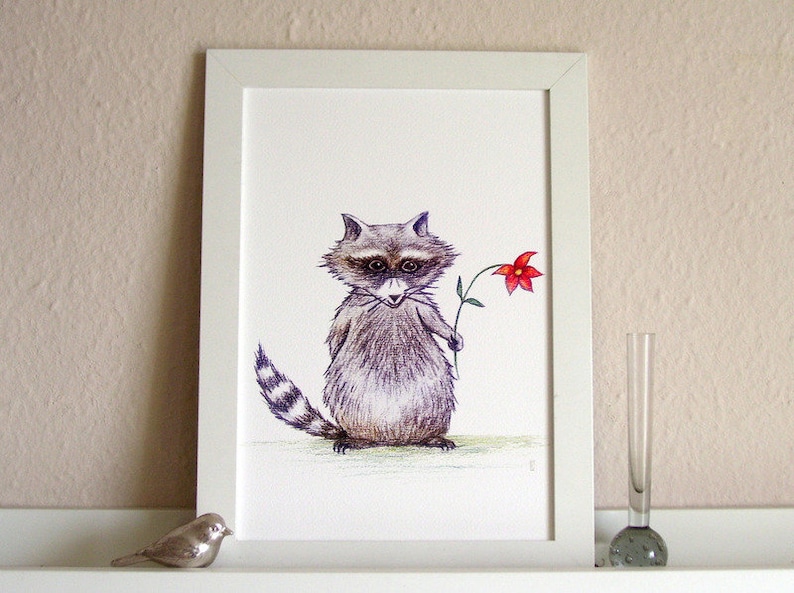 Waschbär mit Blume Druck DIN A4 Kinderzimmerbild Illustration Bild 3