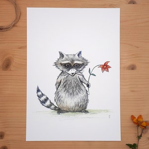 Waschbär mit Blume Druck DIN A4 Kinderzimmerbild Illustration Bild 1