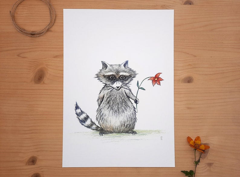 Waschbär mit Blume Druck DIN A4 Kinderzimmerbild Illustration Bild 1