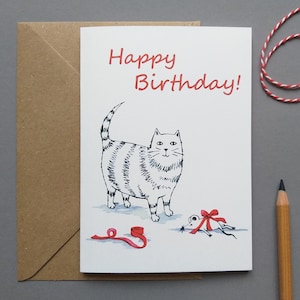 Geburtstagskarte Katze mit Geschenk, Klappkarte mit Kuvert Bild 1