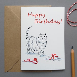 Biglietto di auguri di compleanno gatto con regalo, biglietto pieghevole con busta