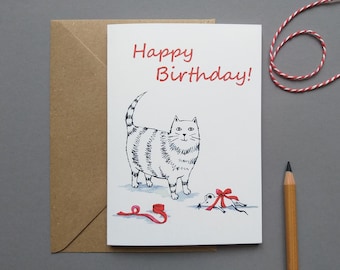 Birthday card cat with gift, folding card with envelope