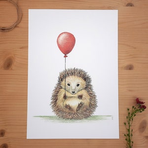 Igel mit Ballon Druck DIN A4 Kinderzimmerbild Illustration Waldtier Bild 1