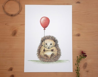 Igel mit Ballon Druck DIN A4 Kinderzimmerbild Illustration Waldtier