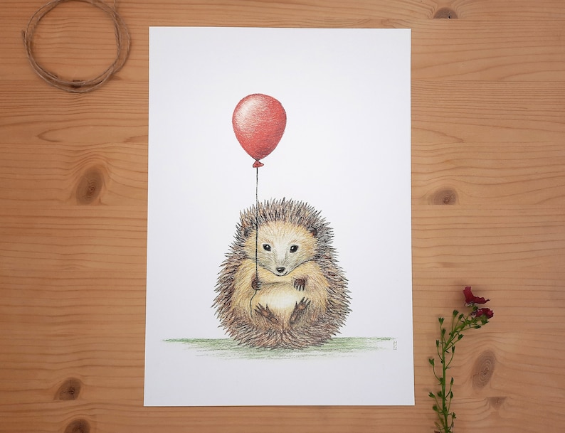 Igel mit Ballon Druck DIN A4 Kinderzimmerbild Illustration Waldtier Bild 1