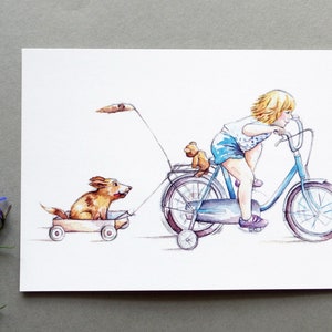 Cartão postal Cartão de ciclismo Menina andando de bicicleta