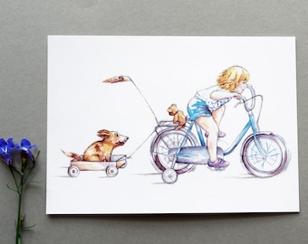 Postkarte Radfahren Karte Mädchen beim Fahrradfahren