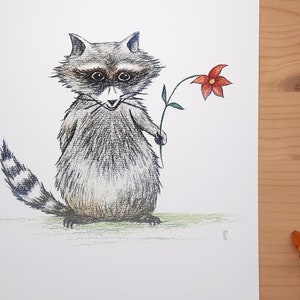 Waschbär mit Blume Druck DIN A4 Kinderzimmerbild Illustration Bild 2