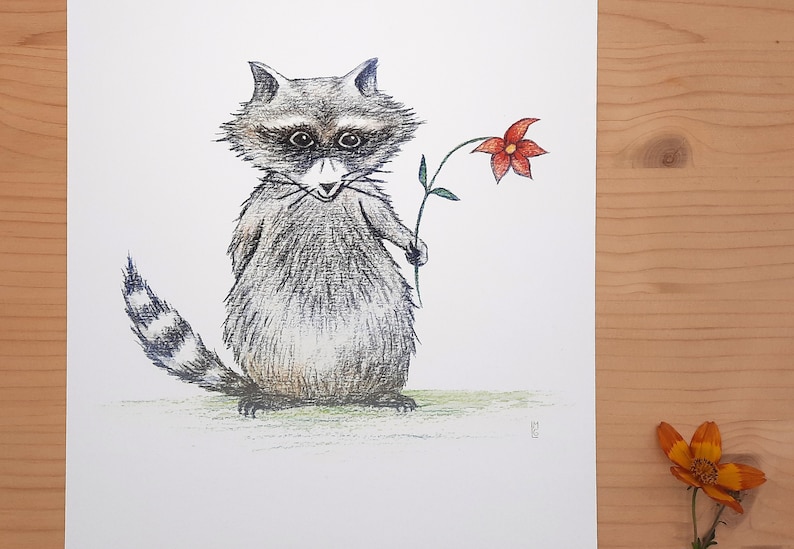 Waschbär mit Blume Druck DIN A4 Kinderzimmerbild Illustration Bild 2