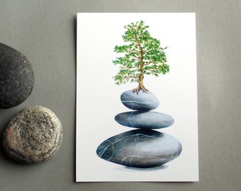 Árbol de postal en tarjeta de equilibrio con pila de piedra