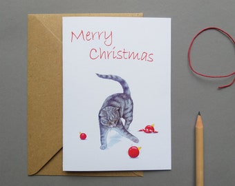 Tarjeta navideña jugando al gato, ¡Feliz Navidad!, Gato navideño