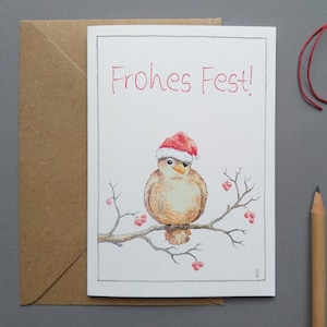 Biglietto natalizio con simpatico passerotto, biglietto pieghevole con busta