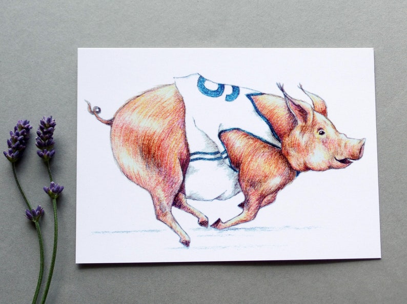 Carte postale de cochon de course avec cochon sportif image 1