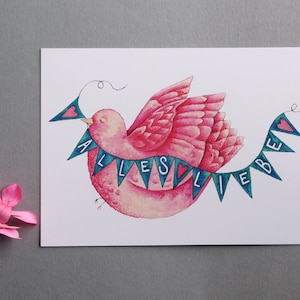 Postkarte rosa Vogel Alles Liebe Glückwunschkarte