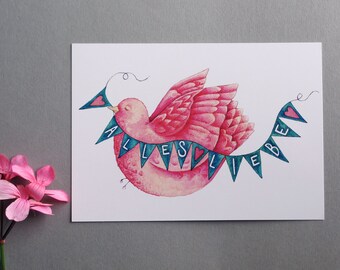 Postcard pink bird all love greeting card