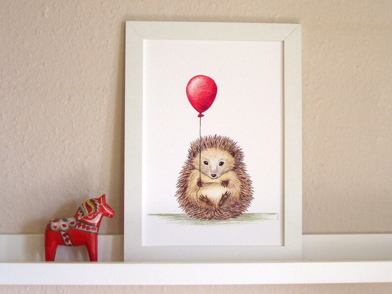 Igel mit Ballon Druck DIN A4 Kinderzimmerbild Illustration Waldtier Bild 3