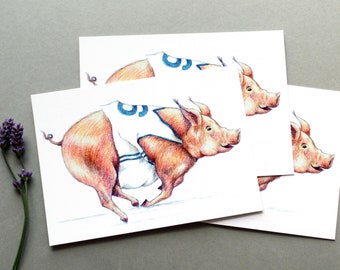 3 Postkarten Rennschwein sportliche Grußkarte