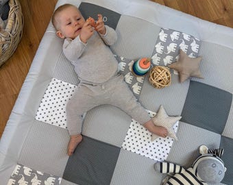 Waffelpique Patchwork Krabbeldecke mit Name personalisiert * Elefant grau * Krabbelmatte Spielmatte