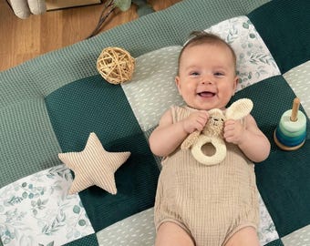 PERSONALIZED PLAY MAT with Name – Thick Patchwork Baby Blanket, Perfect as a Washable Play Mat and Baby Shower Gift - Eucalyptus Teal Green