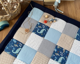 Patchwork Krabbeldecke mit Name Dinosaurier Blau Sand* Krabbelmatte Spielmatte