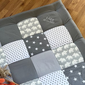 Krabbeldecke Patchwork * mit Name personalisierbar * Elefant grau weiß* Krabbelmatte Spielmatte