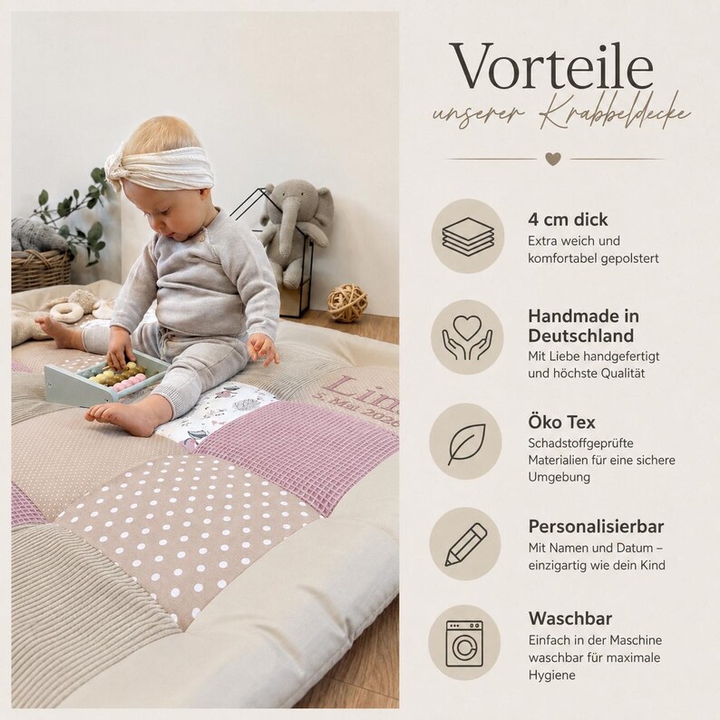 Personalisierte Baby Krabbeldecke mit Namen und Geburtsdatum – hochwertige bestickte Spielmatte als Geschenk zur Geburt oder Taufe