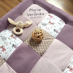 Patchwork Krabbeldecke mit Name Rehe Pastell Lilac * personalisiert