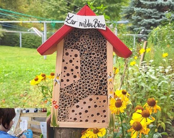 Wooden bee hotel with white sign | Weatherproof & odorless paints | Bee protection and garden design
